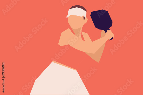 Minimalist illustration of a pickleball player in athletic outfit holding paddle, ready to hit. Modern flat design with coral background, sporty and dynamic style.