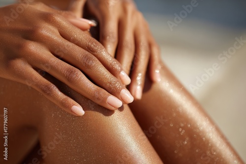 Close-up of tanned skin and manicured hands in sunlight.