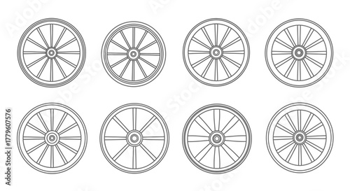A collection of vintage wooden wheels in a simple monochrome style