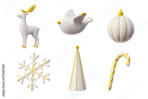 3D Christmas golden and white decorations, glass ball and fir tree cone, candy cane, deer, snowflake, bird vector set
