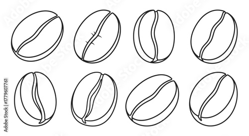 Simple black and white line drawing of six coffee beans arranged neatly