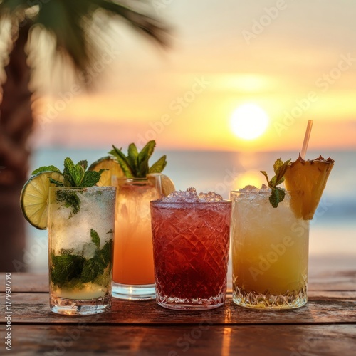 Tropical Cocktails at Sunset - A Vibrant Beachside Escape.