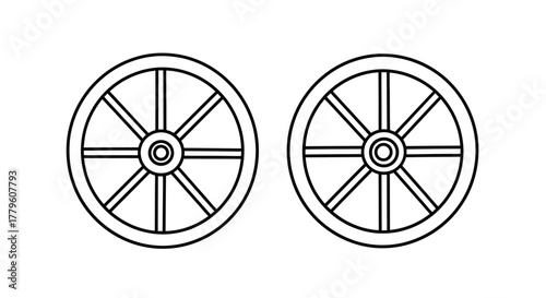 Simple black and white line drawing of two vintage wagon wheels shown side by side