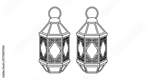 Detailed black and white drawing of two ornate hanging lanterns