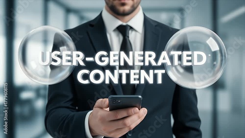 Businessman Holding Phone Displaying User-Generated Content