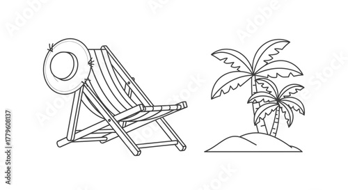 A simple illustration of a beach chair palm tree and island