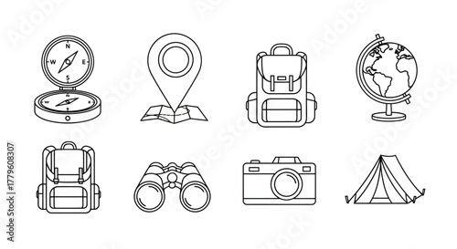 Travel and exploration themed line icons depicting adventure gear and world maps