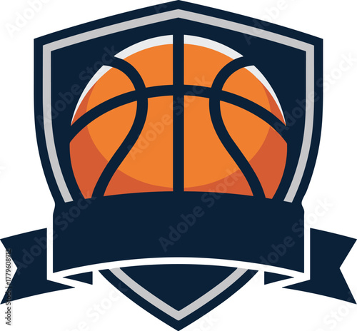 Basketball sports emblem logo shield with a blank ribbon banner
