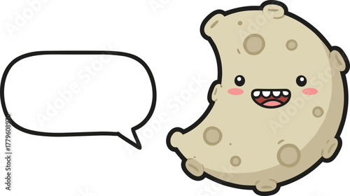 Crescent moon cartoon, smiling lunar character, cute vector mascot, playful children illustration, crater design, blank speech bubble, cad drawing flat vector illustration