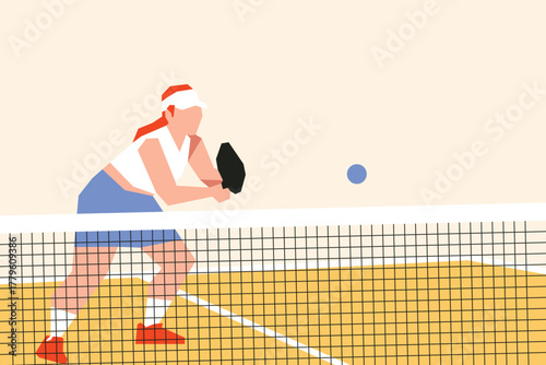 Stylized illustration of a pickleball player on wooden court behind net. Athlete in sporty outfit with paddle hitting blue ball, modern flat design showing action, focus, and vibrant energy.