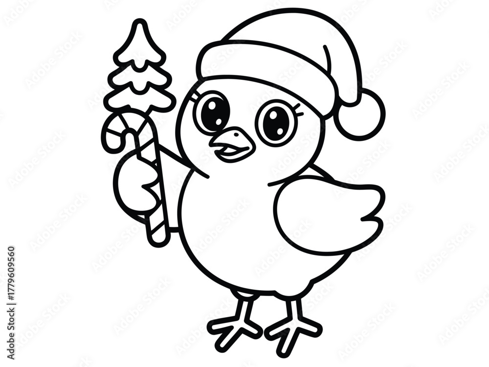 Naklejka premium A cute cartoon chick wearing a Santa hat holds a candy cane and a small Christmas tree.