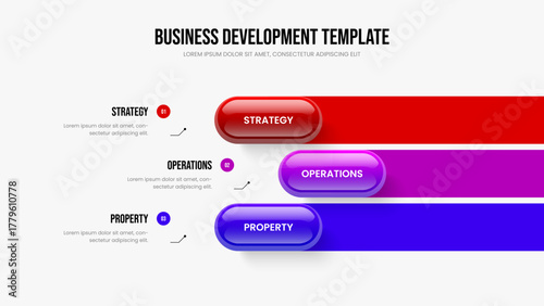 Company Solution 3 Element Infographic Slide Design. Professional Visualization Three Step Diagram Presentation Template. Enterprise Growth Frame Layout Vector Illustration.