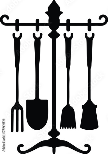 Vintage Fireplace Tool Set Silhouette, Classic Iron Fire Tools with Stand, Shovel, Poker, Tongs, and Brush Vector Illustration