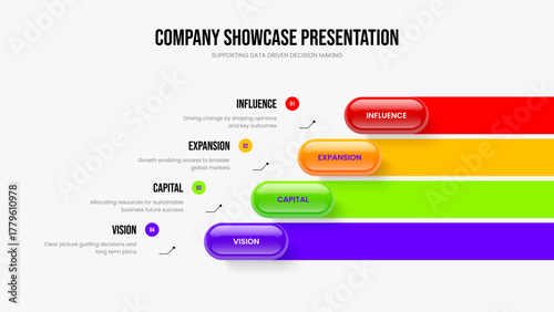 Corporate Overview Four Element Diagram Slideshow Template. Product Innovation 4 Step Infographic Frame Design. Modern Portfolio Slide Layout Vector Illustration.