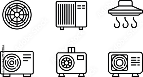 A set of six icons representing different types of ventilation and cooling systems.