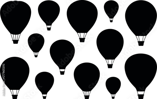 A collection of black hot air balloons scattered against a white background.