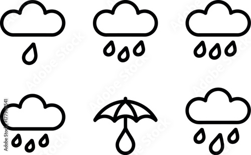 A collection of weather icons featuring clouds and rain drops, with one umbrella icon showing a single falling drop.