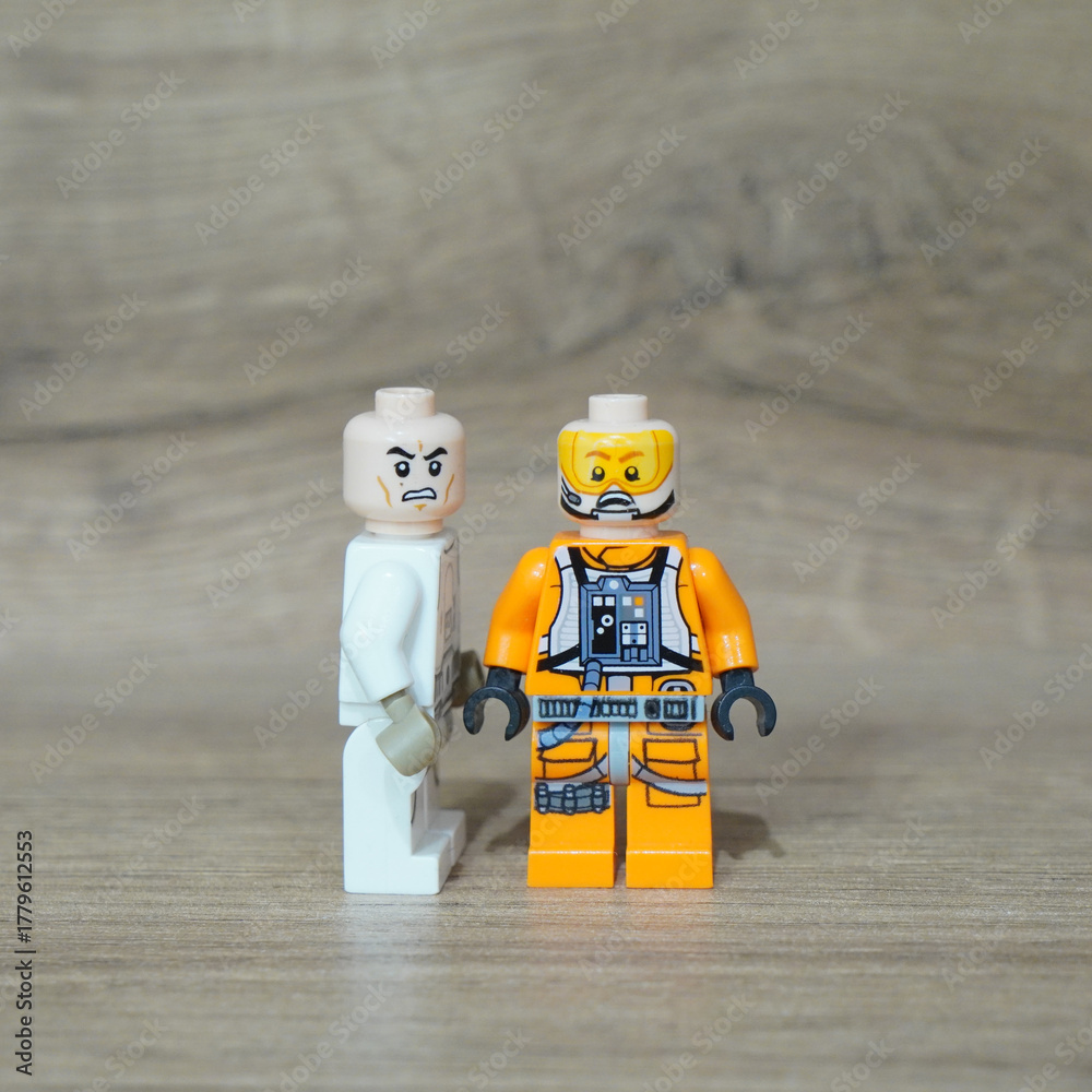 Fototapeta premium Lego Star Wars figures of an X-wing pilot and a bald character on wooden surface
