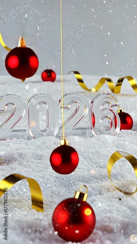 Festive celebration with falling red baubles and golden ribbons welcoming 2026