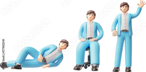 Businessman in blue suit greeting hand gesture, lies and sits on office chair, 3D vector office manager full height