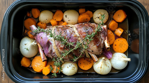 Pork knuckle and vegetable stew, oven-baked dish, home cooking