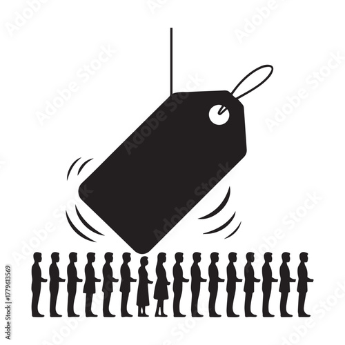 Black silhouette of a price tag hovering over a line of people