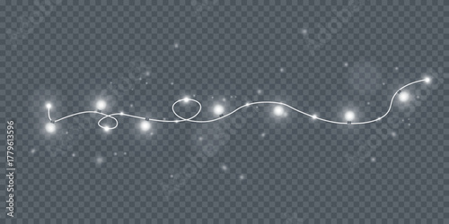 Christmas and New Year glowing garlands of bulbs and lights. Design element for holiday cards, backgrounds, business cards, vector png on transparent background