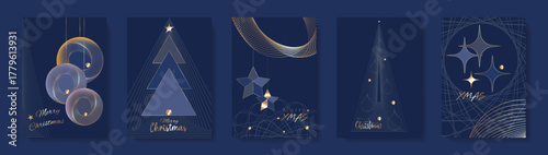 Merry Christmas set blue card, concepts for background, greeting card, party invitation, template, website banner, social media banner, marketing material. Festive Xmas decoration vector illustration