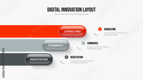 Company Growth 3 Option Diagram Slideshow Design. Project Showcase Three Element Infographic Slide Layout. Product Analysis Presentation Template Vector Illustration.