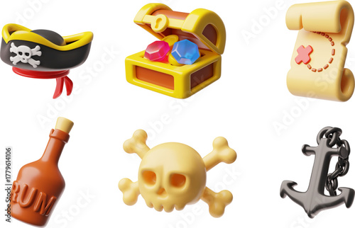Pirate theme elements 3D vector set, cartoon skull with bones, rum bottle, treasure chest, anchor, pirate hat and map