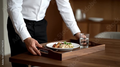Waiter Serving Food and Drink on a Wooden Tray at Restaurant Table.
