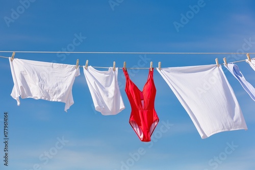 A clothesline against a blue sky on a sunny day, with white clothes drying on the line and a red one-piece swimsuit drying in the middle