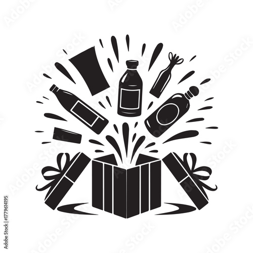 Gift box exploding with bottles and confetti