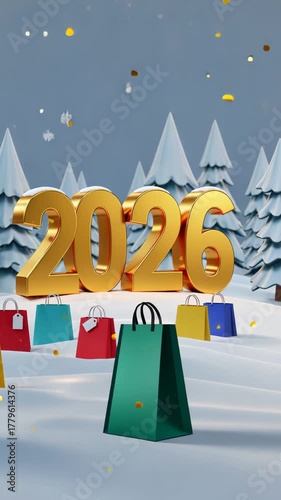 Festive holiday shopping in winter wonderland with snow and gift bags 2026