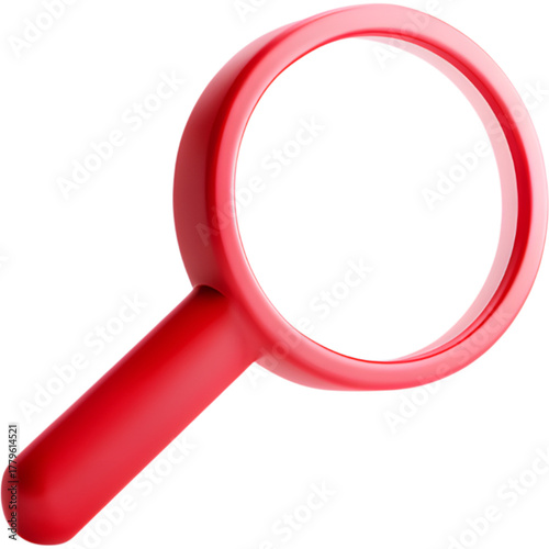 3D red magnifying glass isolated on transparent background, perfect for search or business concept visuals.