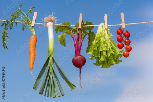 A clothesline with a blue sky in the background, with carrots, leeks, beets, a bunch of lettuce, and a sprig of cherry tomatoes hanging on clothespins