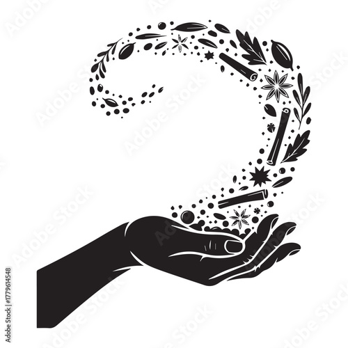 Hand holding swirling spices and herbs