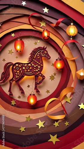 Whimsical paper art: spiraling horse and lanterns with star accents
