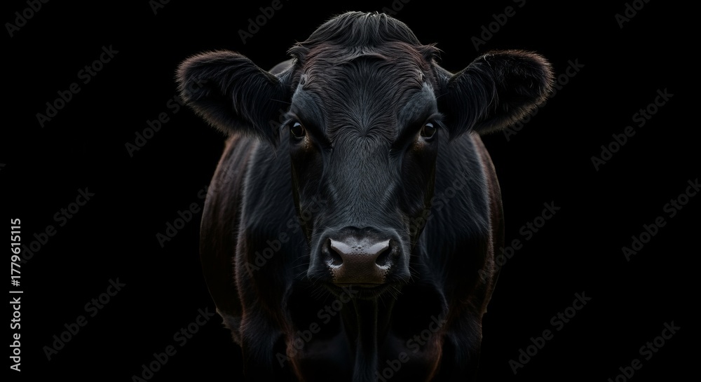 Naklejka premium Intense front-facing portrait of a majestic black angus cow against a dark background