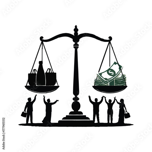 Scales of justice balancing shopping bags and money, people celebrating