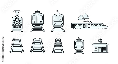 Various train designs and railway tracks