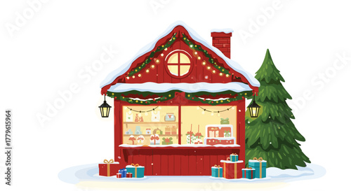 Charming christmas market stall illustration with gifts and tree offering festive cheer for holiday promotions and seasonal designs