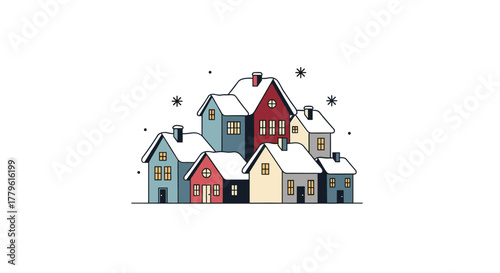 Charming snow covered houses in a delightful winter village scene, perfect for holiday cards and festive designs that bring joy