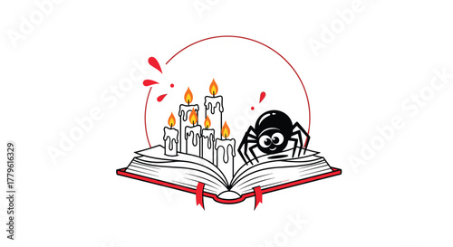 Enchanting Halloween tales with a cute spider, candles, and open storybook for a whimsical spooky celebration and festive designs