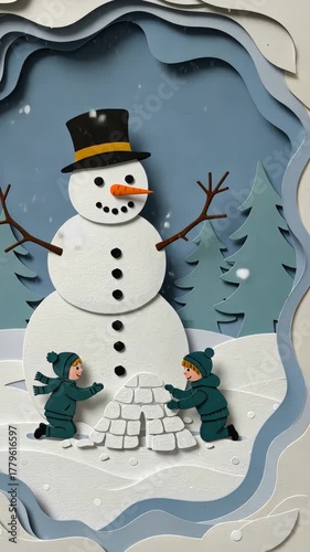 Cheerful snowman building with kids in winter wonderland