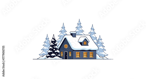 Charming winter home nestled among snow-covered trees, radiating warmth and inviting feelings of peace and holiday cheer