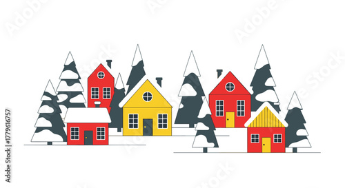 Charming winter village scene with cozy houses and snow-covered evergreen trees creating a festive holiday atmosphere
