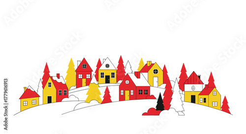 Charming festive village scene with red and yellow houses nestled among snowy trees, perfect for holiday greetings and winter themes