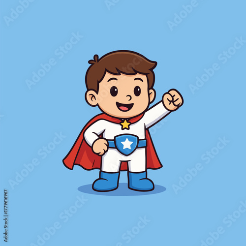 Super Hero Kid: A courageous young boy, costumed as a superhero, strikes a heroic pose against a vibrant background, embodying bravery and imagination.