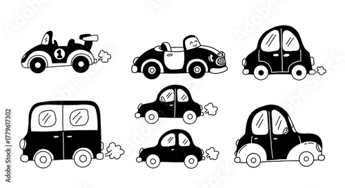 Fun cartoon car doodle set with quirky mini vehicles and expressive hand-drawn details ideal for children’s illustrations and creative project